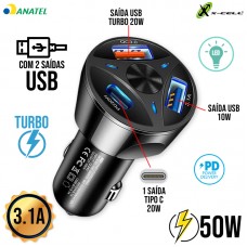 Carregador Veicular Turbo 50W Tipo C + 2 USB XC-V19USB X-Cell - Preto